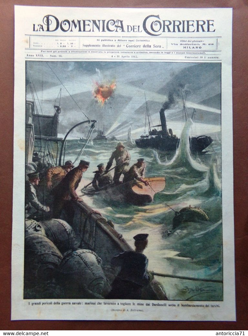 Copertina Domenica Corriere Nr. 14 Del 1915 WW1 Marinai Mine Dardanelli Turchi - Guerre 1914-18