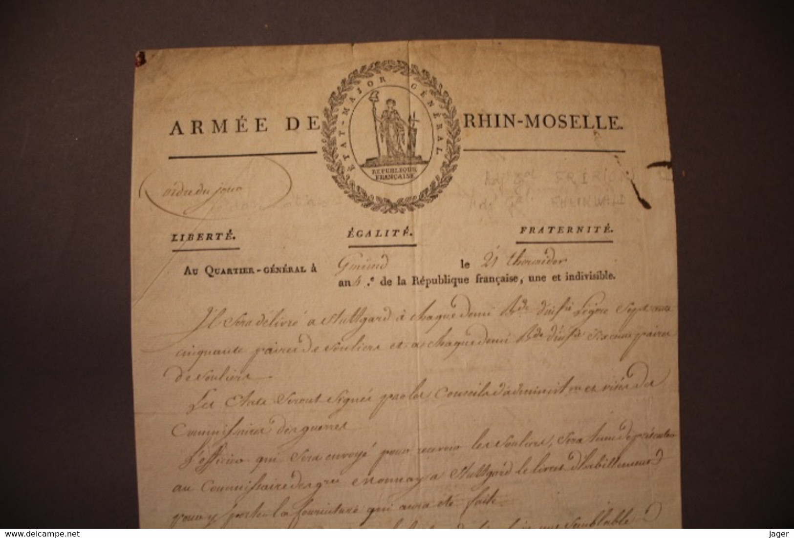 Armée  De Rhin Moselle Autographes General FRIRION Et RHEINWALD  AN 4 - Manuskripte