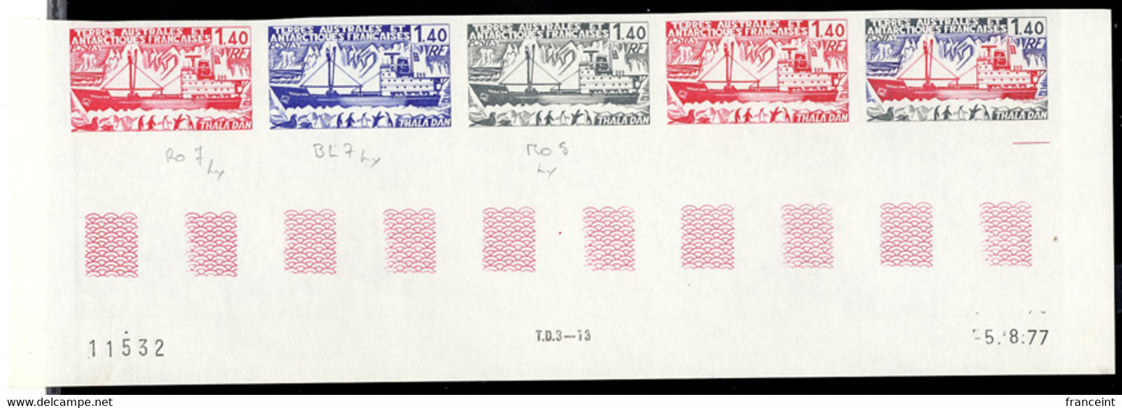 FRENCH ANTARCTIC(1977) Ship "Thala Dan". Trial Color Proofs In Margin Strip Of 5. Scott No 75. Yvert No 67. - Ongetande, Proeven & Plaatfouten