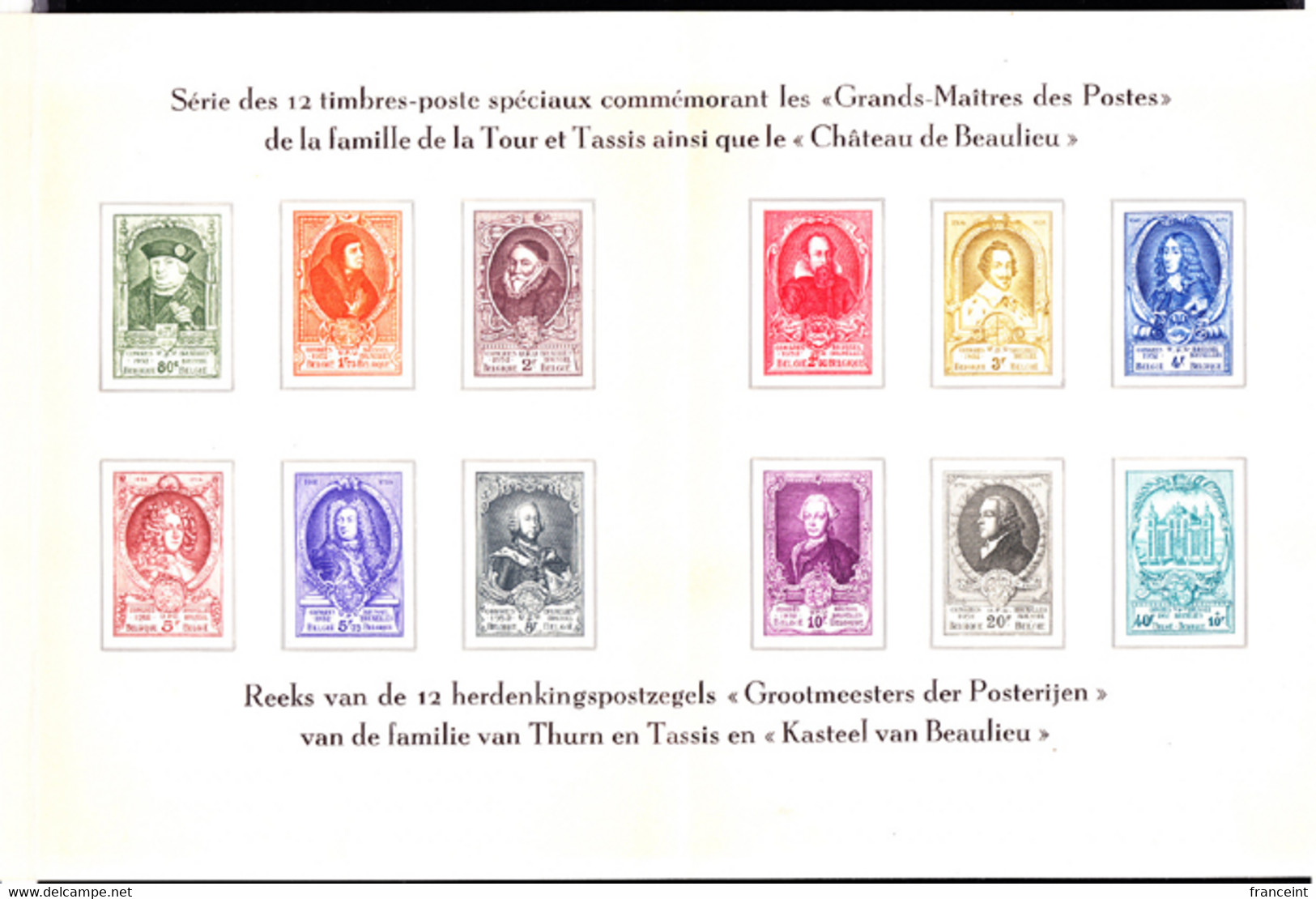 BELGIUM(1952) King Baudouin. Early Postal Visionaries. Compound Deluxe Proof (LX13). Scott Nos 435-46, Yvert Nos 879-91 - Deluxe Sheetlets [LX]