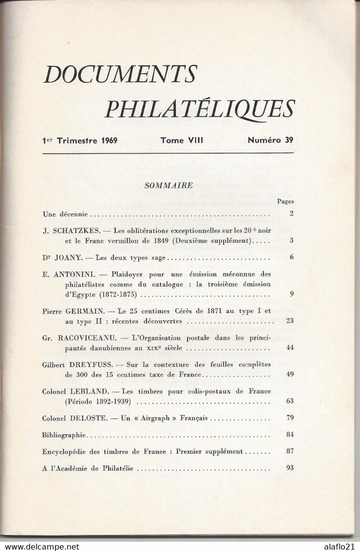 LIVRE - DOCUMENTS PHILATELIQUES N° 39 Année 1969 - REVUE De L'ACADEMIE De PHILATELIE - Philatélie Et Histoire Postale