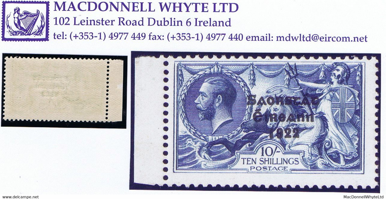 Ireland 1927-28 Wide Date Setting Saorstát 3-line Overprint On 10s Blue, Fresh Mint Marginal Barest Trace Of Light Hinge - Nuovi