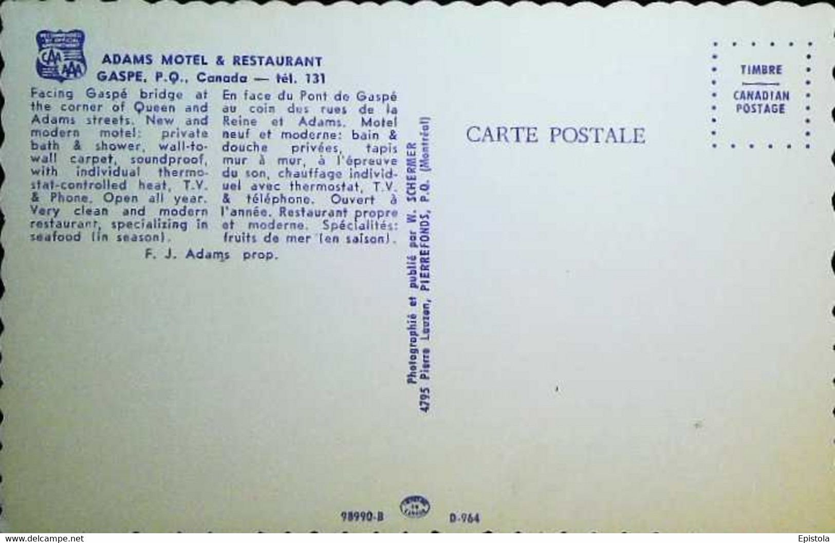 ►  Gaspé ADAMS MOTEL Restaurant Tv Room & Automobiles Province Du Quebéc 1960s - Gaspé