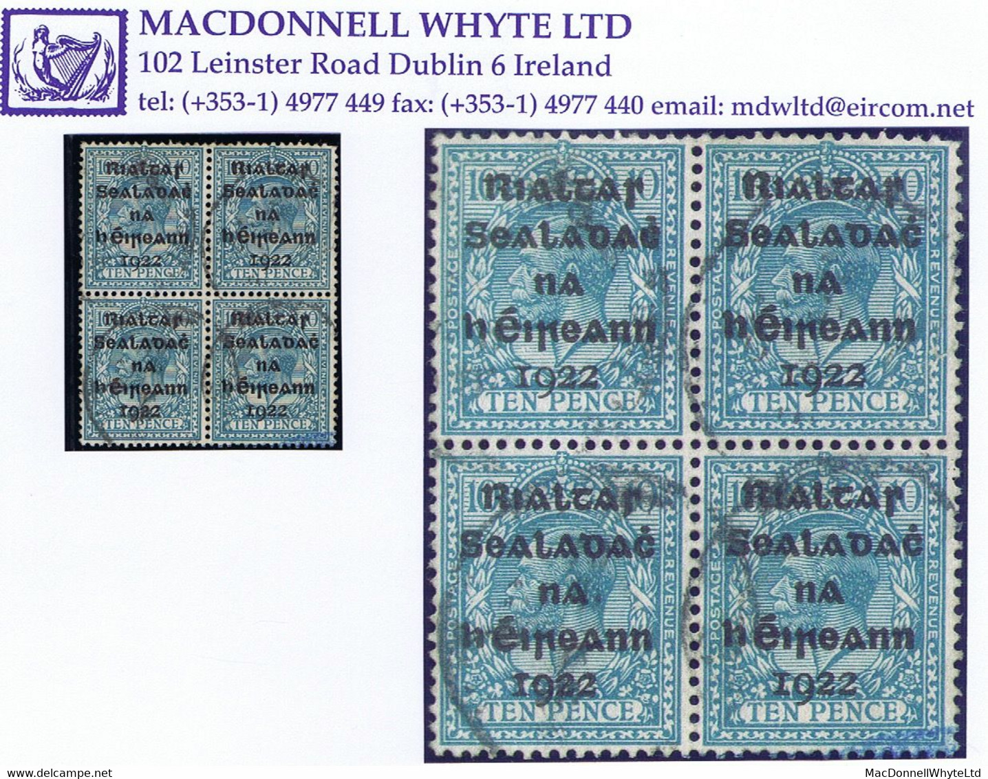 Ireland 1922 Dollard Rialtas 5-line Overprint On 10d Turquoise, Used Block Of 4, Light Cds Cancels - Used Stamps