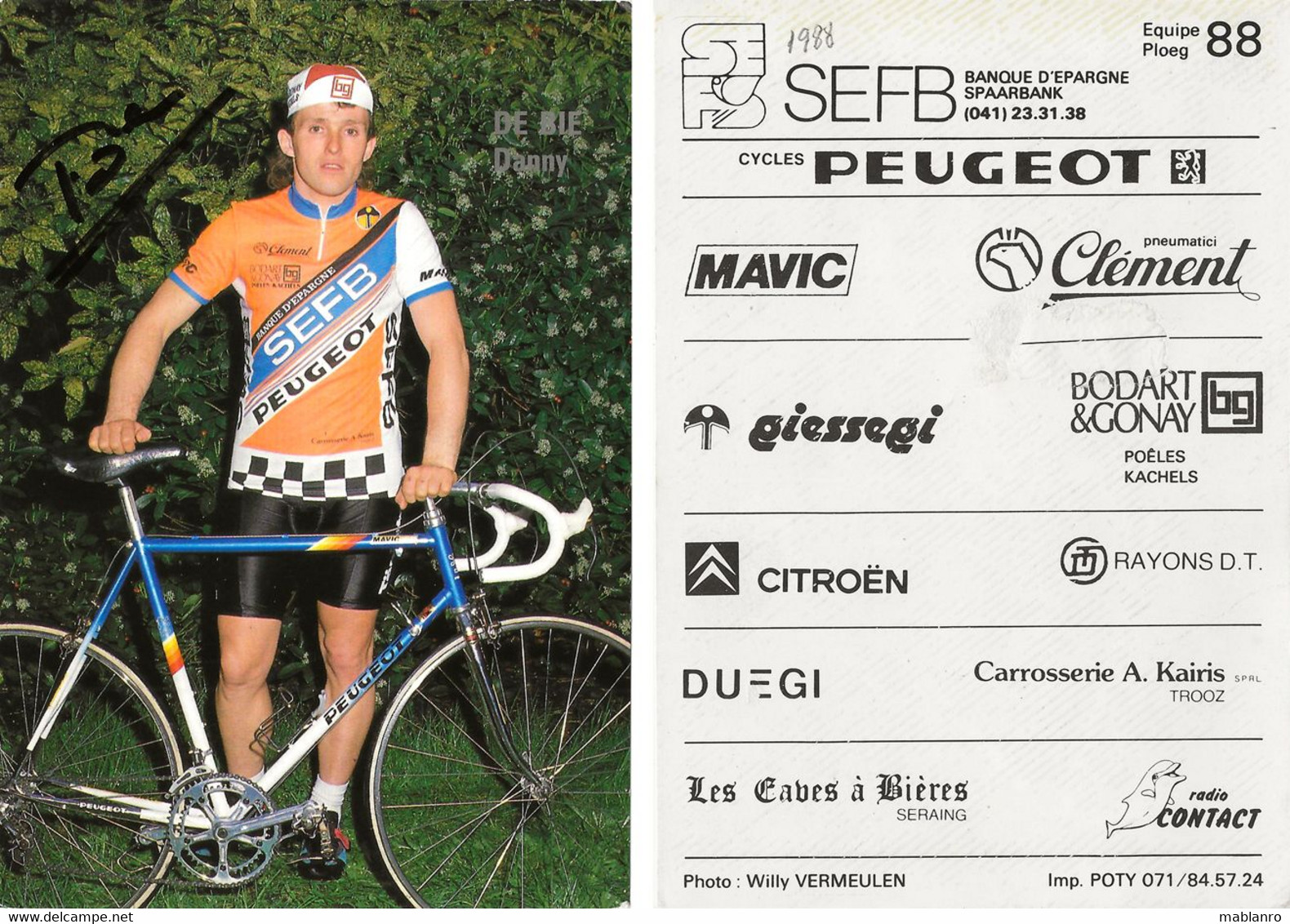 CARTE CYCLISME DANNY DE BIE SIGNEE TEAM SEFB 1988 - Cycling