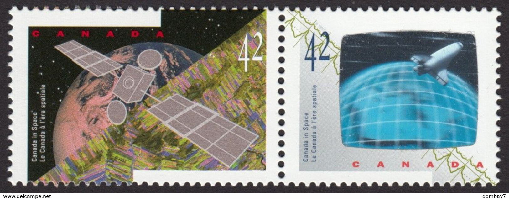 Qt. CANADA IN SPACE = 3D, HOLOGRAM (left) = SATELLITE, SHUTTLE Se-tenant Pair, TYPE-1 Canada 1992 Sc#1442a MNH - Hologramme