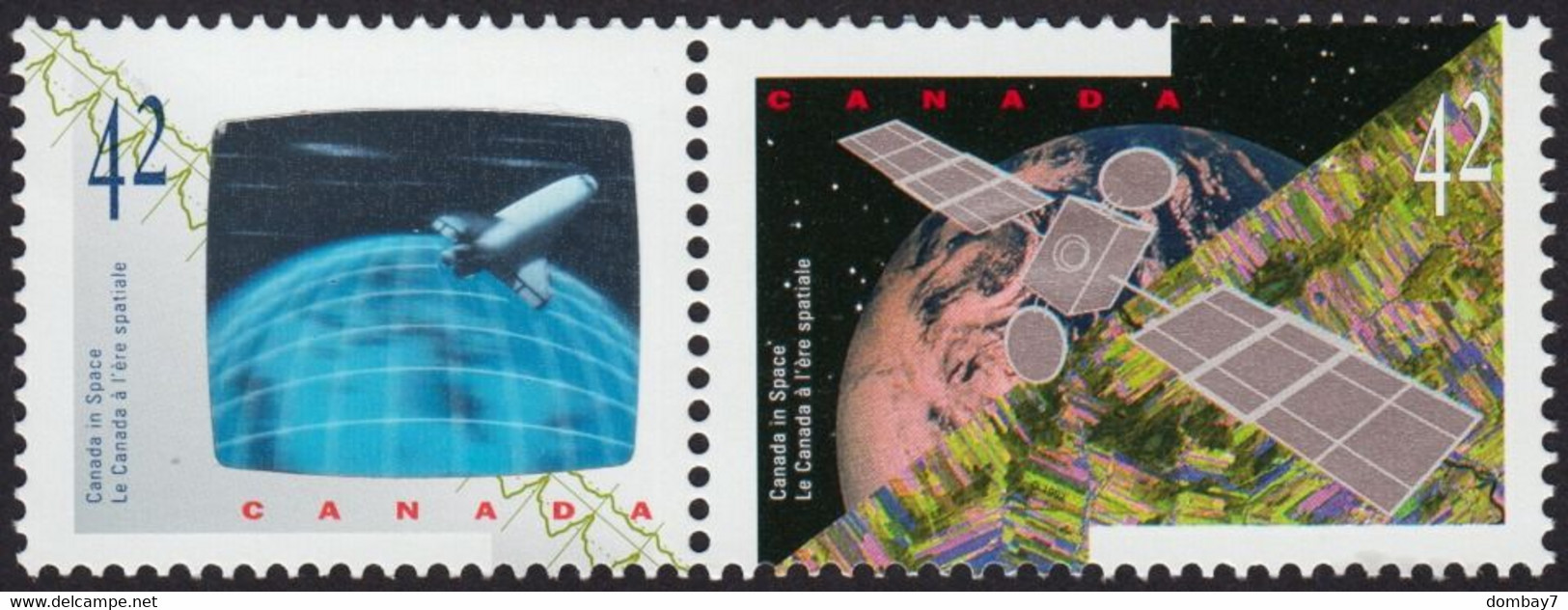 Qt. CANADA IN SPACE = 3D, HOLOGRAM (right) = SATELLITE, SHUTTLE Se-tenant Pair, TYPE-2 Canada 1992 Sc#1442a MNH - Holograms