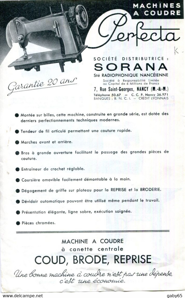 54.MEURTHE & MOSELLE.NANCY.MACHINES A COUDRE " PERFECTA " DISTRIBUÉE PAR SORANA 7 RUE SAINT GEORGES. - Non Classés