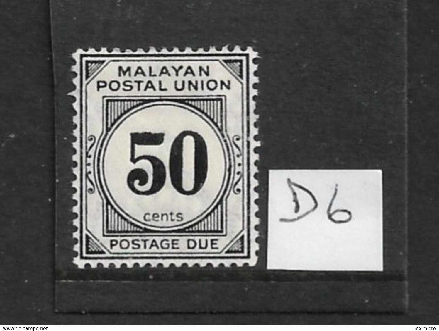 MALAYA - MALAYAN POSTAL UNION 1938 50c POSTAGE DUE SG D6 MOUNTED MINT Cat £30 - Malayan Postal Union