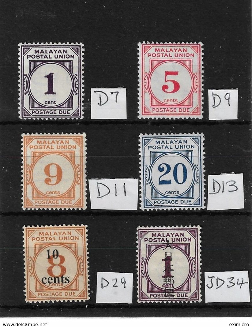 MALAYA - MALAYAN POSTAL UNION 1945 - 1964 POSTAGE DUES SG D7, D9, D11, D13, D29, JD34 MOUNTED MINT Cat £68+ - Malayan Postal Union