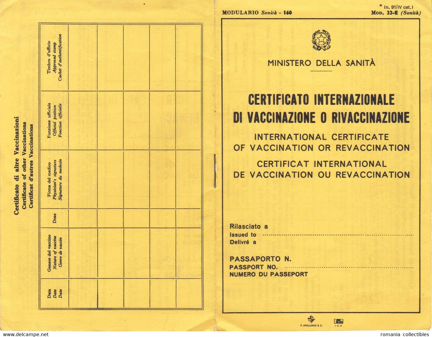 Italy, 1997, Ministry Of Health - International Certificate Of Vaccination / ID Card - Documents Historiques