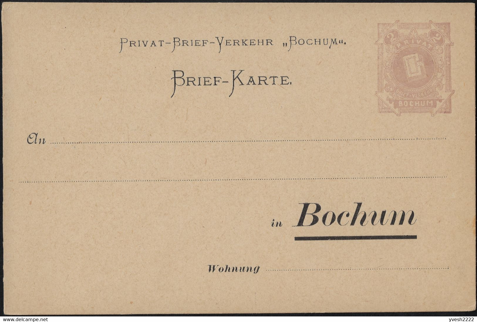 Poste Privée De Bochum 1887. Carte, Entier Postal. Armoiries De Bochum. Buch-Um, Livre Retourné Depuis Au Moins 1381 - Enveloppes