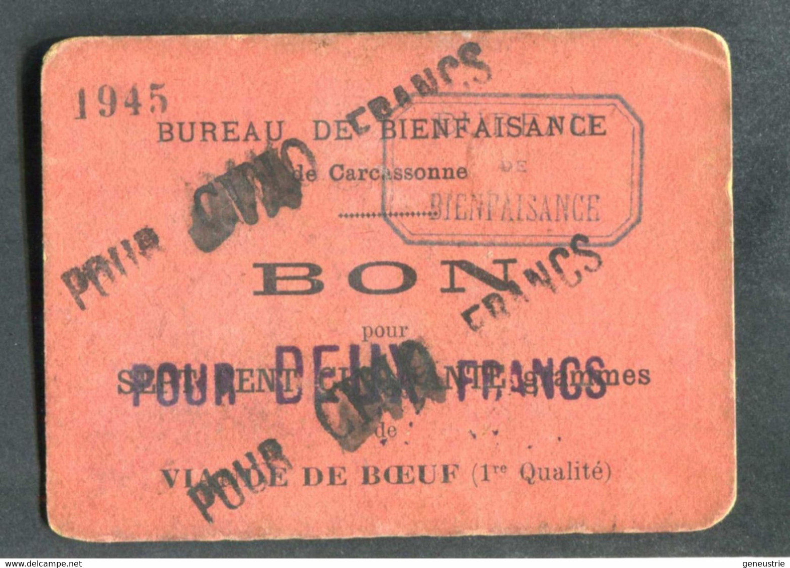 Jeton-carton De Nécessité "Bon Pour Deux Francs -> Surimpression Cinq Francs - Bureau De Bienfaisance De Carcassonne" - Monétaires / De Nécessité