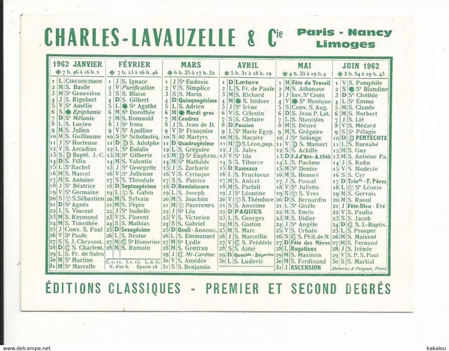 Calendrier Publicitaire 1962 Charles Lavauzelle Limoges éditions - Petit Format : 1961-70