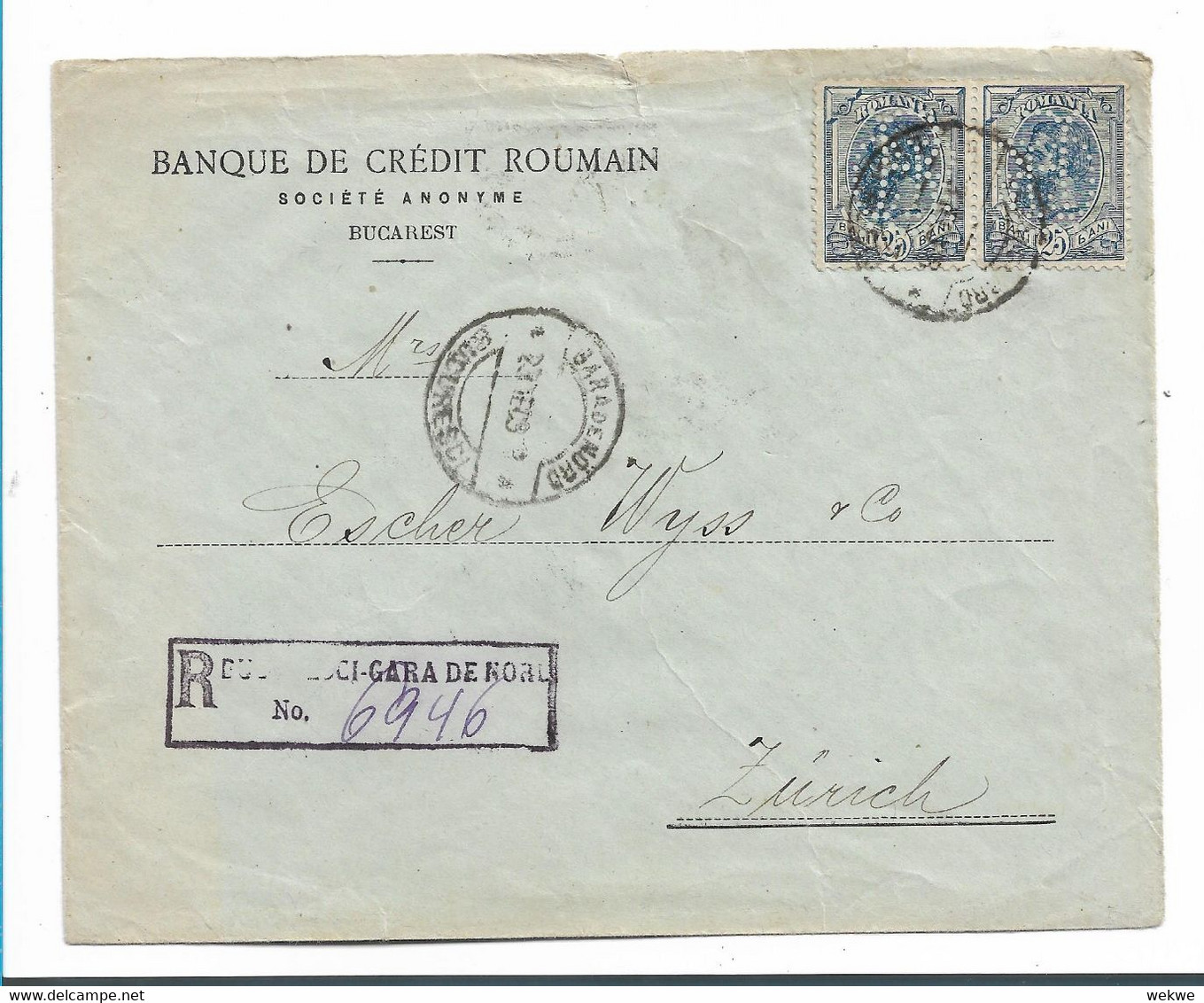 Rum126 / RUMÄNIEN - Karl I , Mi.Nr. 138X Auf Bankbrief 1906 Nach Zürich - Mit Firmenlochung BCR - Cartas & Documentos