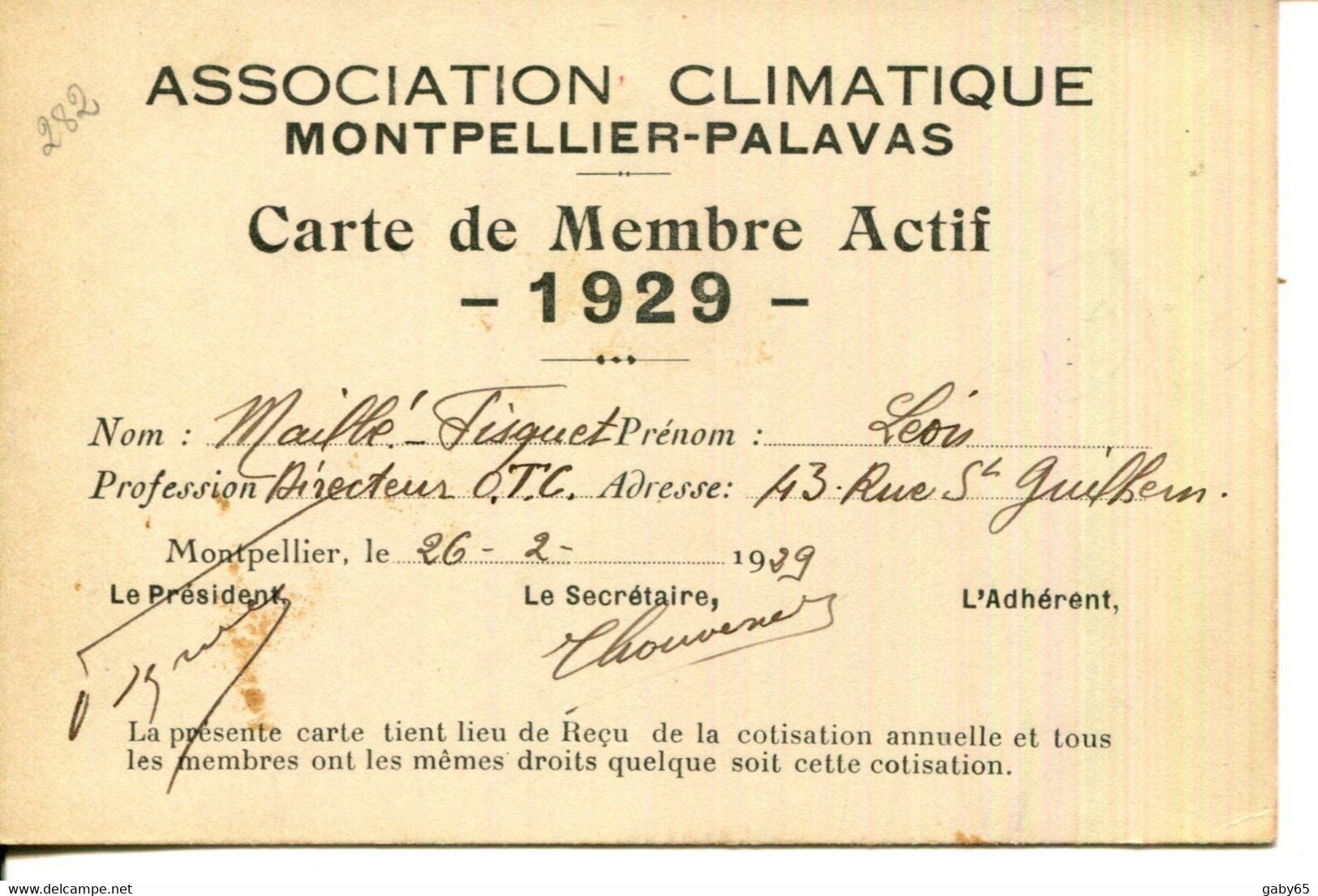 34.HERAULT. MONTPELLIER-PALAVAS.CARTE DE MEMBRE DE L'ASSOCIATION CLIMATIQUE.1929. - Non Classés