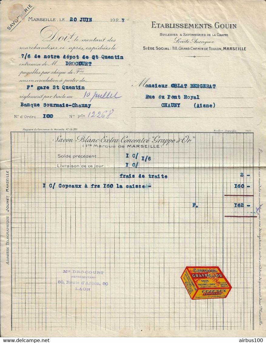 FACTURE MARSEILLE 1927 Éts GOUIN SAVON BLANC EXTRA CONCENTRÉ GRAPPE D'OR - PAQUET FAC SIMILÉ - Droguerie & Parfumerie
