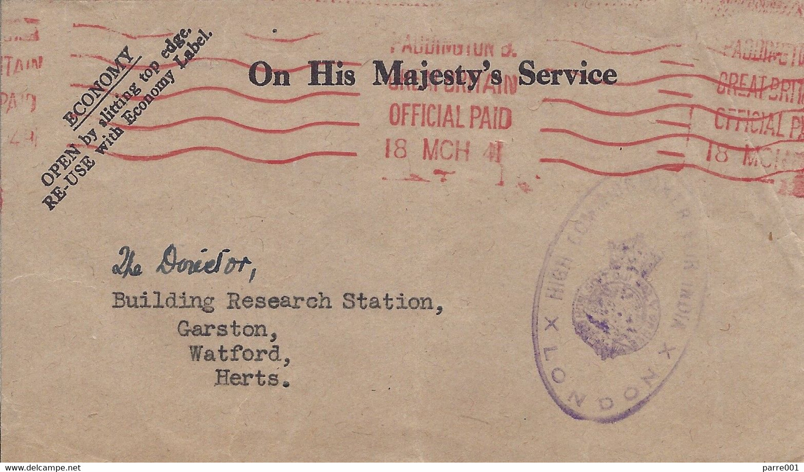 UK GB 1941 Paddington Official Paid High Commissioner For India London Handstamp OHMS Cover - Storia Postale