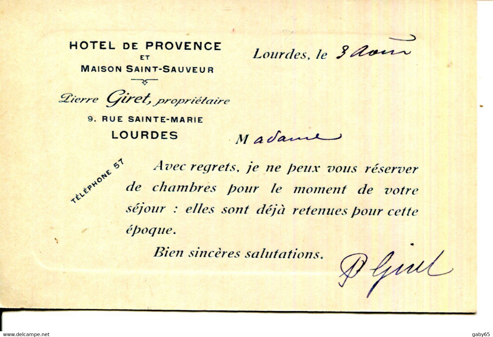 65.LOURDES.CARTE VISITE.HOTEL DE PROVENCE ET MAISON SAINT SAUVEUR.PIERRE GIRET PROPRIETAIRE 9 RUE SAINTE MARIE. - Non Classés