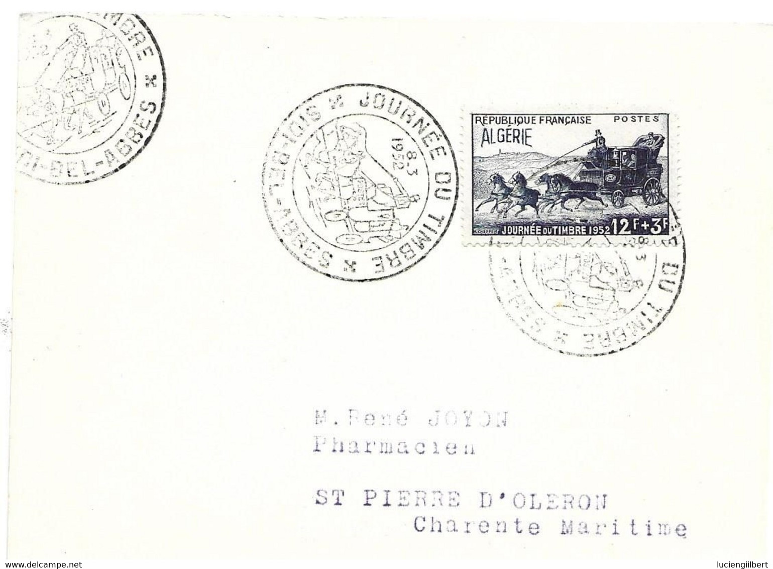 ALGERIE - SIDI BEK ABBES -  TIMBRE N° 294  -  JOURNEE DU TIMBRE - 1ER JOUR - 1952 - FDC