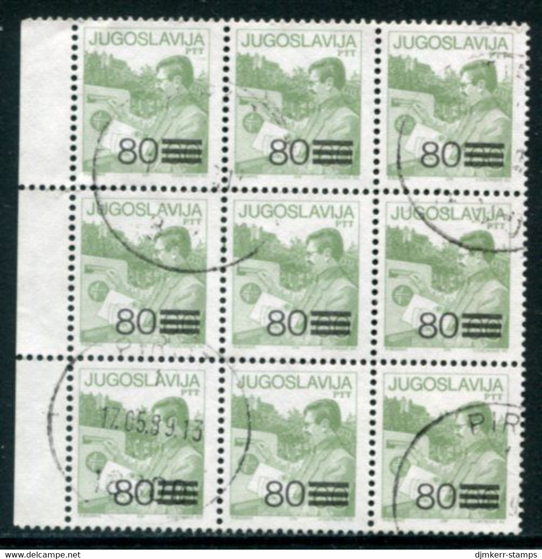 YUGOSLAVIA 1987 Surcharge 80 On 60 D. Block Of 9 Used.  Michel 2240 - Usados