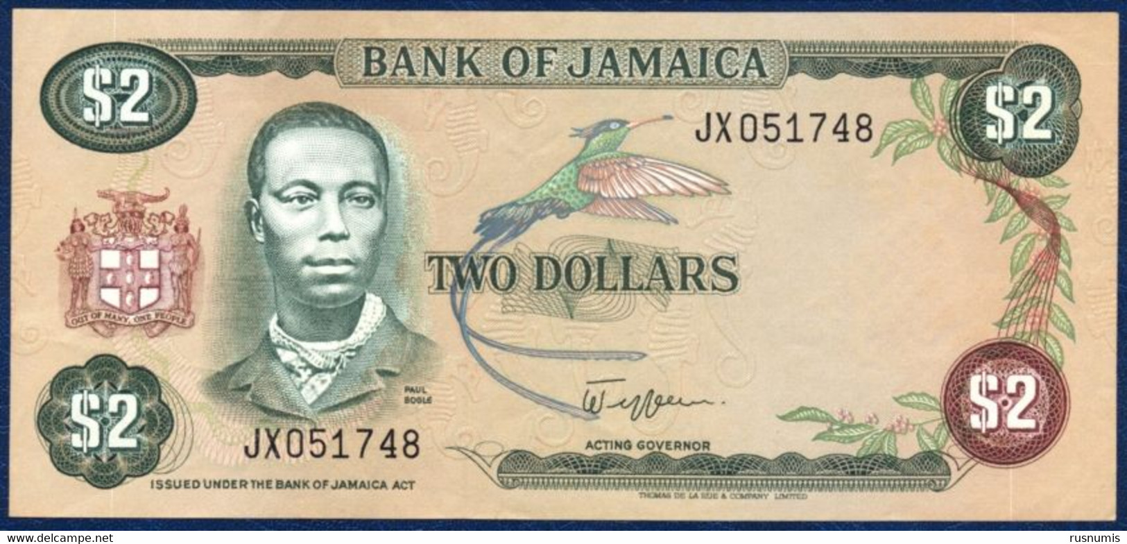 JAMAICA JAMAIKA 2 DOLLARS P-65a Paul Bogle, Hummingbird / Students Primary School, Kingston 1982 - 1986 XF++ - Jamaica