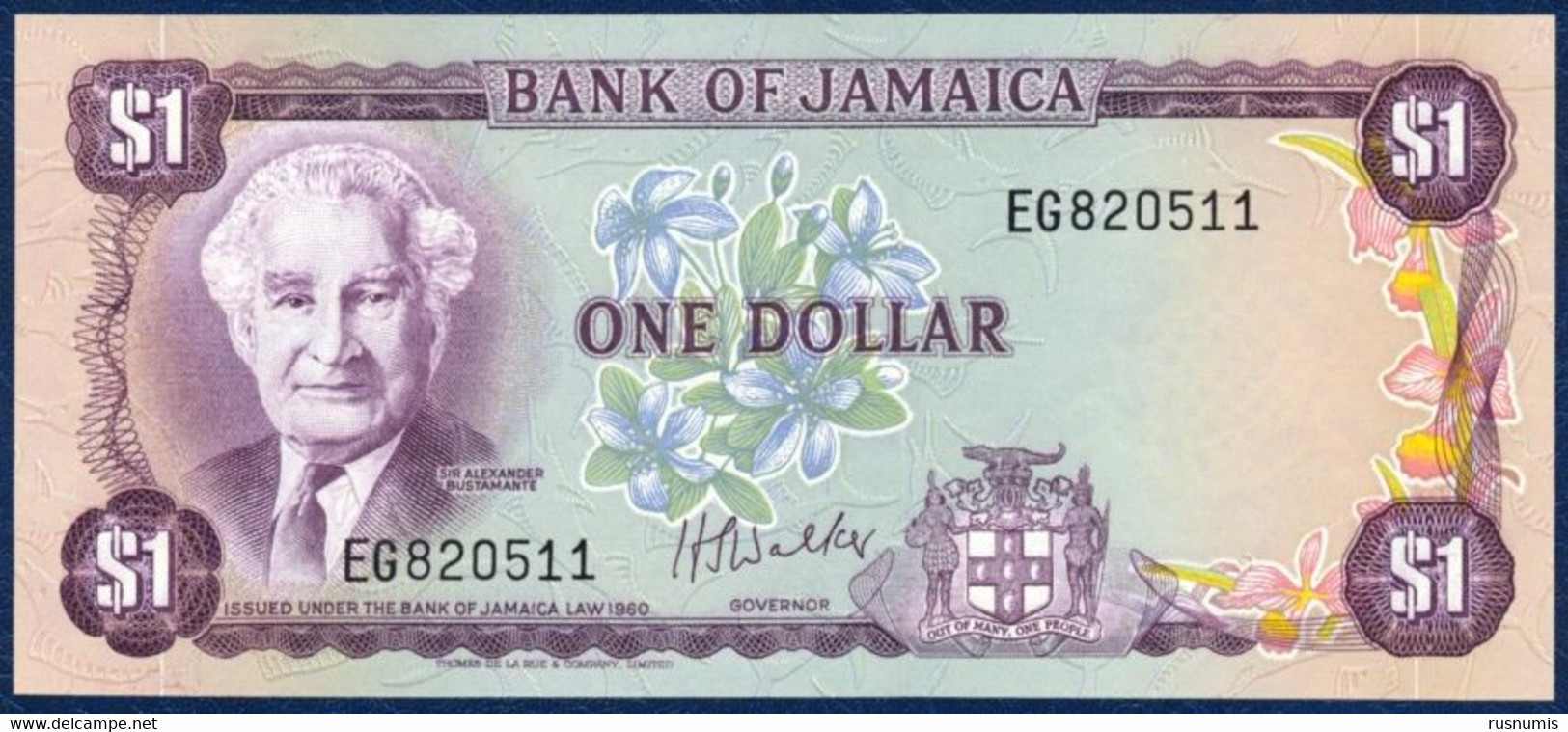 JAMAICA JAMAIKA 1 DOLLAR P-59b Sir Alexander Bustamante / Harbor SIGN: Walker (1960) 1976 UNC - Jamaique