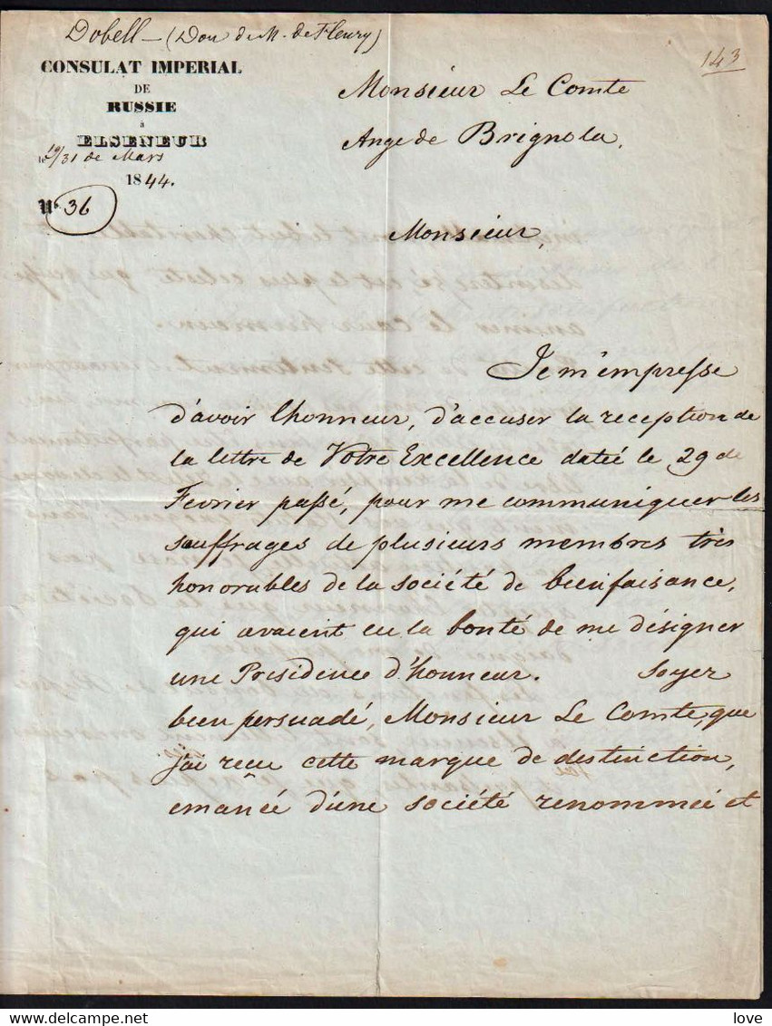 RUSSIE: Lettre Unique Du Consul De Russie: Dobell à Elseneur (Danemark) En 1844 Et Adressée Au Comte De Brignole - ...-1857 Vorphilatelie