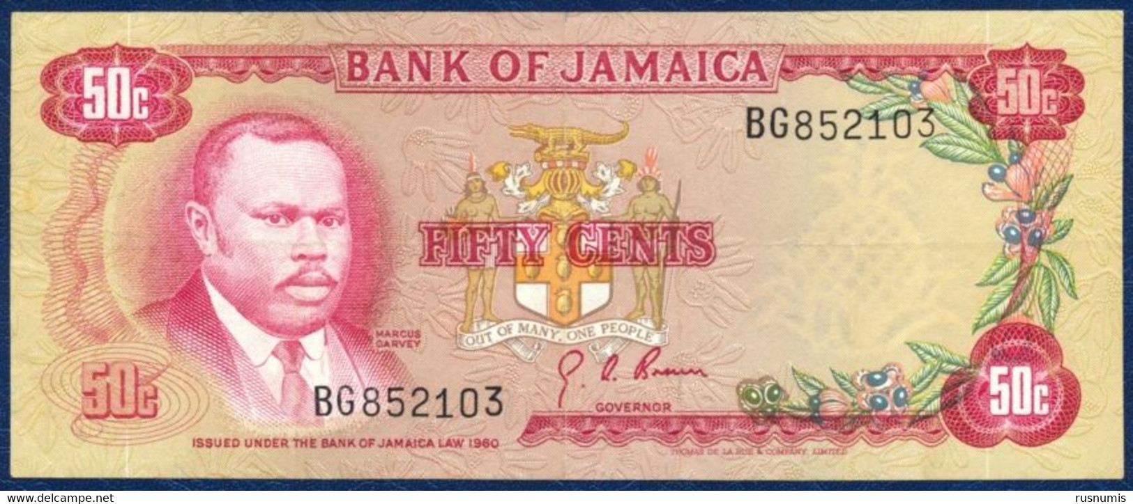 JAMAICA JAMAIKA 50 CENTS P-64a Marcus Garvey / National Shrine 1960 (1970) AUNC - Jamaica