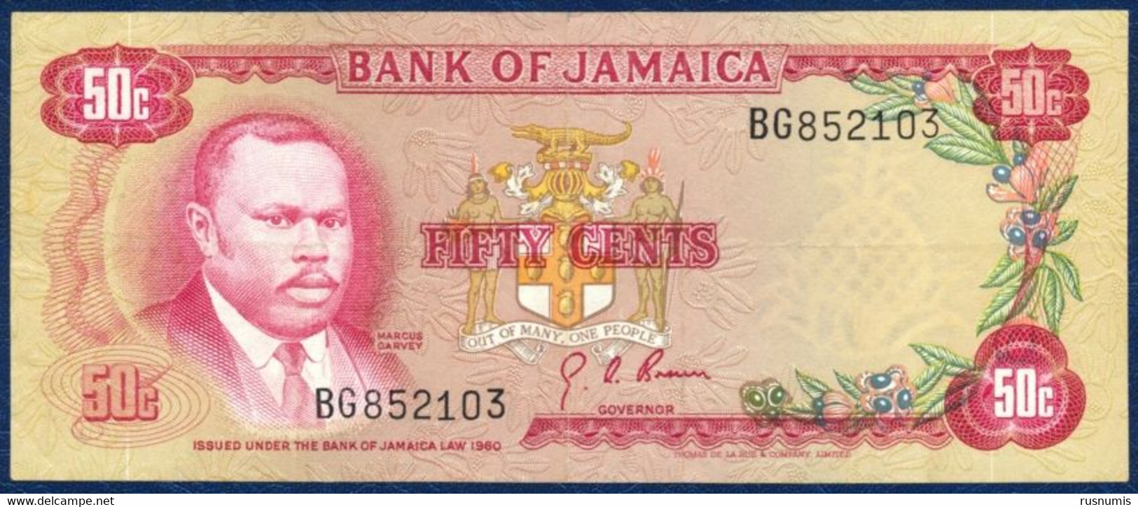 JAMAICA JAMAIKA 50 CENTS P-64a Marcus Garvey / National Shrine 1960 (1970) AUNC - Jamaique
