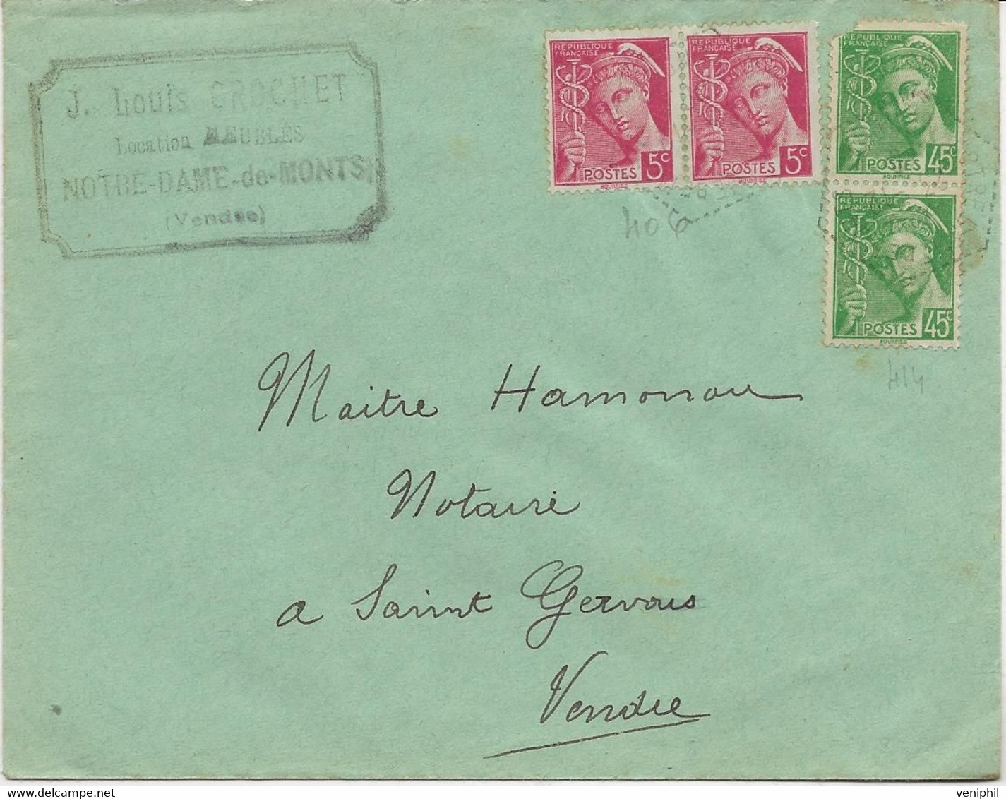 LETTRE AFFRANCHIE N° PAIRE N° 406 ET 414 - CAD HEXAGONAL  VENDEE - Oorlog 1939-45