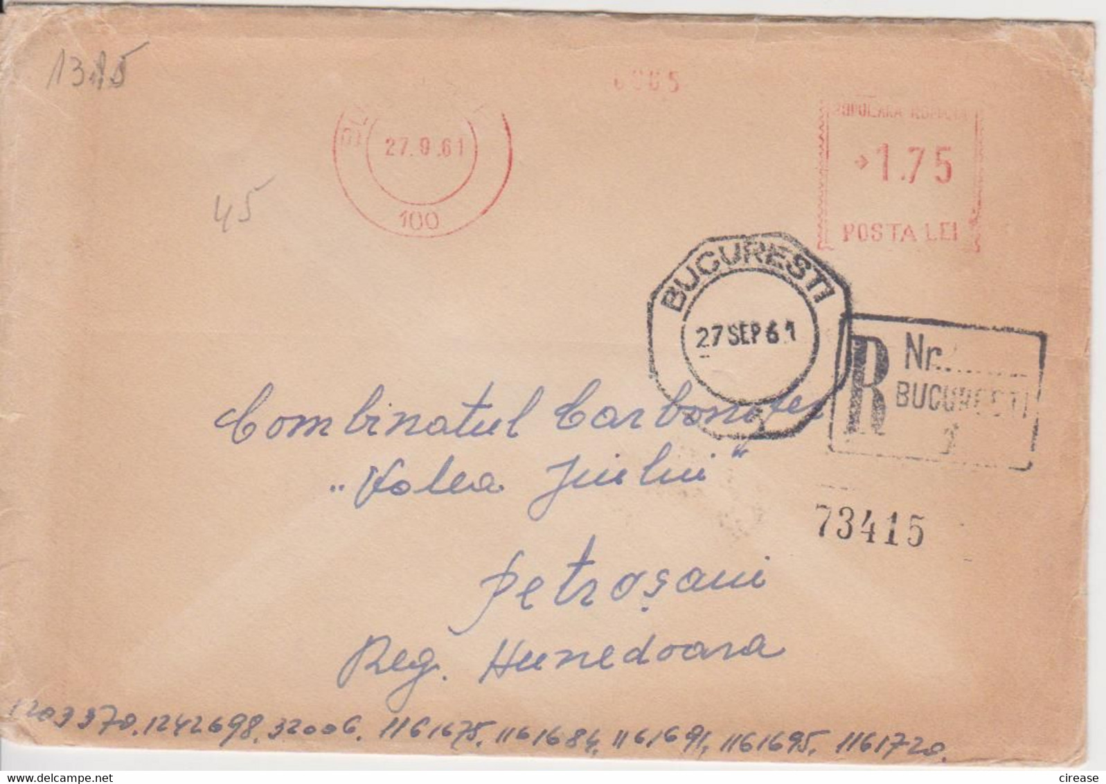 RED MACHINE STAMPS AMOUNT 1,75 LEI BUCURESTI ROMANIA 1961 - Maschinenstempel (EMA)