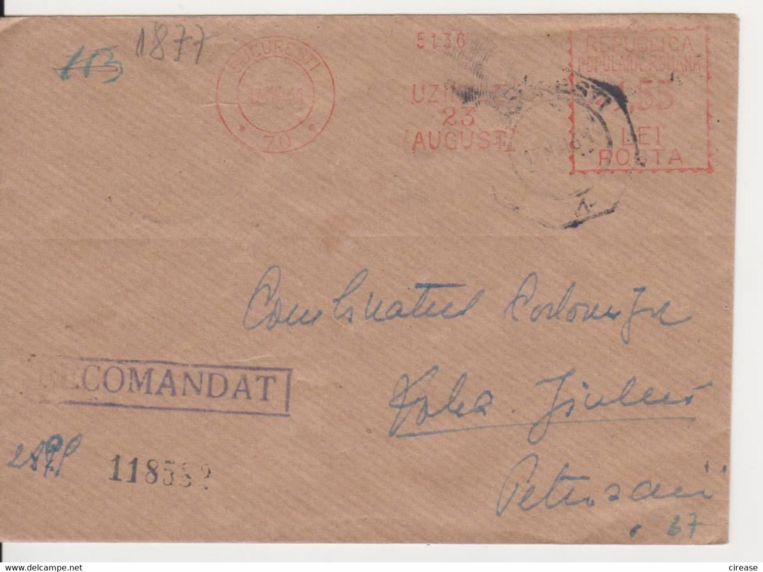 PLANT 23 AUGUST RED MACHINE STAMPS AMOUNT 1,55 LEI BUCURESTI ROMANIA 1961 - Máquinas Franqueo (EMA)