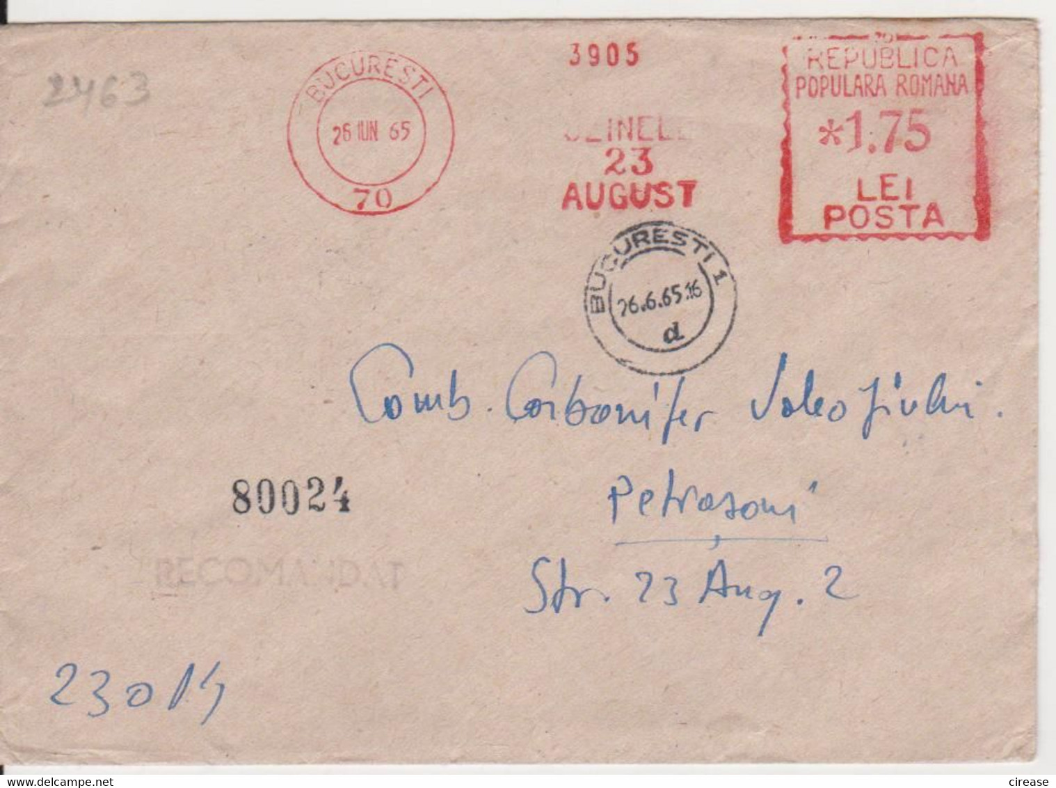 PLANT 23 AUGUST RED MACHINE STAMPS AMOUNT 1,75 LEI BUCURESTI ROMANIA 1965 - Franking Machines (EMA)