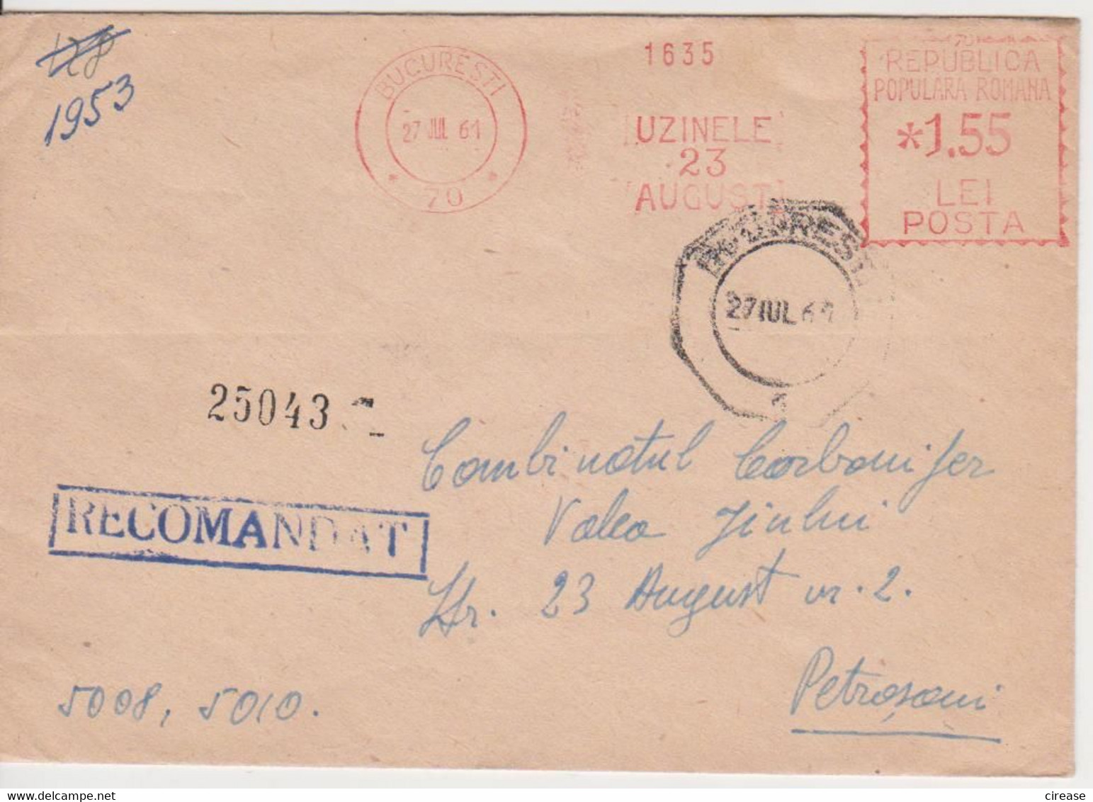 PLANT 23 AUGUST RED MACHINE STAMPS AMOUNT 1,55 LEI BUCURESTI ROMANIA 1961 - Maschinenstempel (EMA)