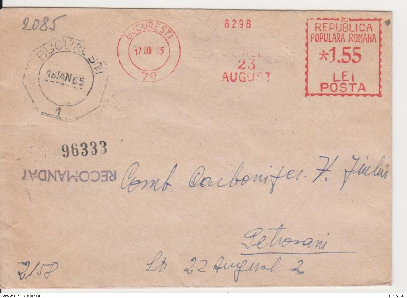 PLANT 23 AUGUST RED MACHINE STAMPS AMOUNT 1,55 LEI BUCURESTI ROMANIA 1965 - Machines à Affranchir (EMA)