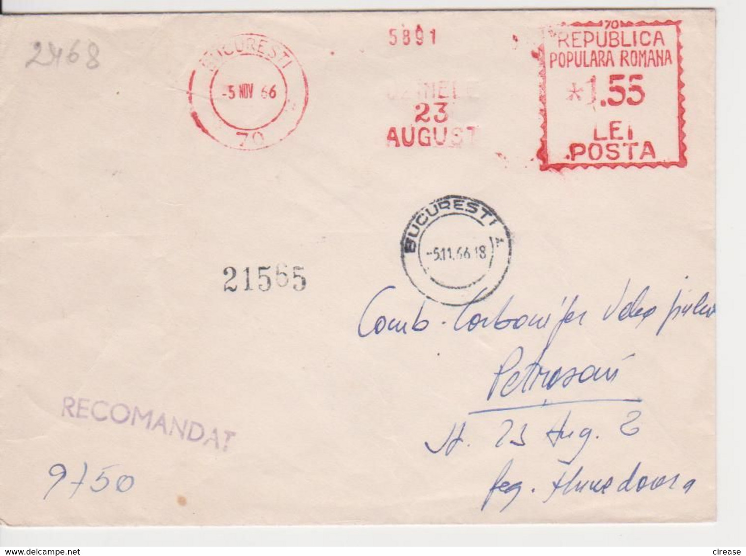 PLANT 23 AUGUST RED MACHINE STAMPS AMOUNT 1,55 LEI BUCURESTI ROMANIA 1966 - Maschinenstempel (EMA)