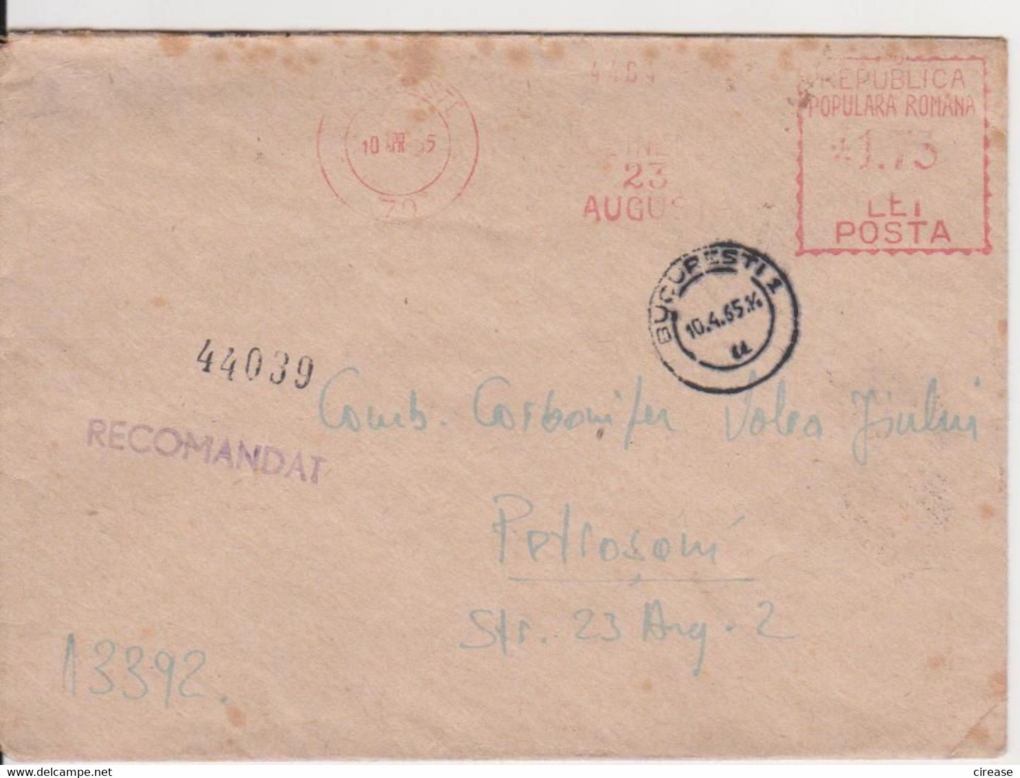 PLANT 23 AUGUST RED MACHINE STAMPS AMOUNT 1,75 LEI BUCURESTI ROMANIA 1965 - Frankeermachines (EMA)