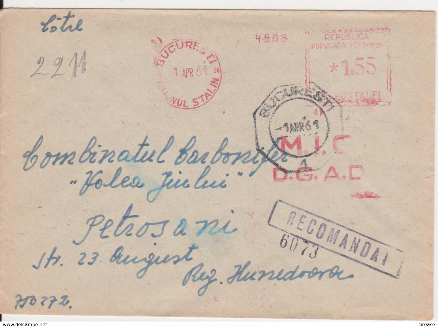 PLANT M.I.C. D.G.A.D. RED MACHINE STAMPS AMOUNT 1,55 LEI BUCURESTI DISTRICT STALIN ROMANIA 1961 - Máquinas Franqueo (EMA)