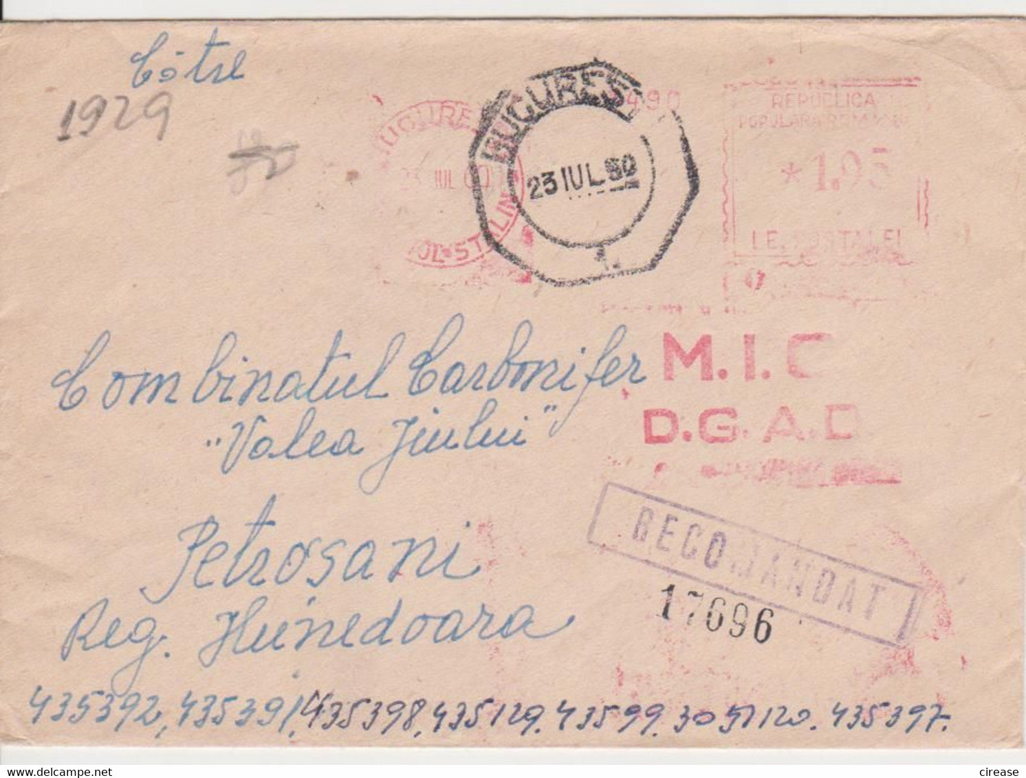 PLANT M.I.C. D.G.A.D. RED MACHINE STAMPS AMOUNT 1,95 LEI BUCURESTI DISTRICT STALIN ROMANIA 1960 - Frankeermachines (EMA)