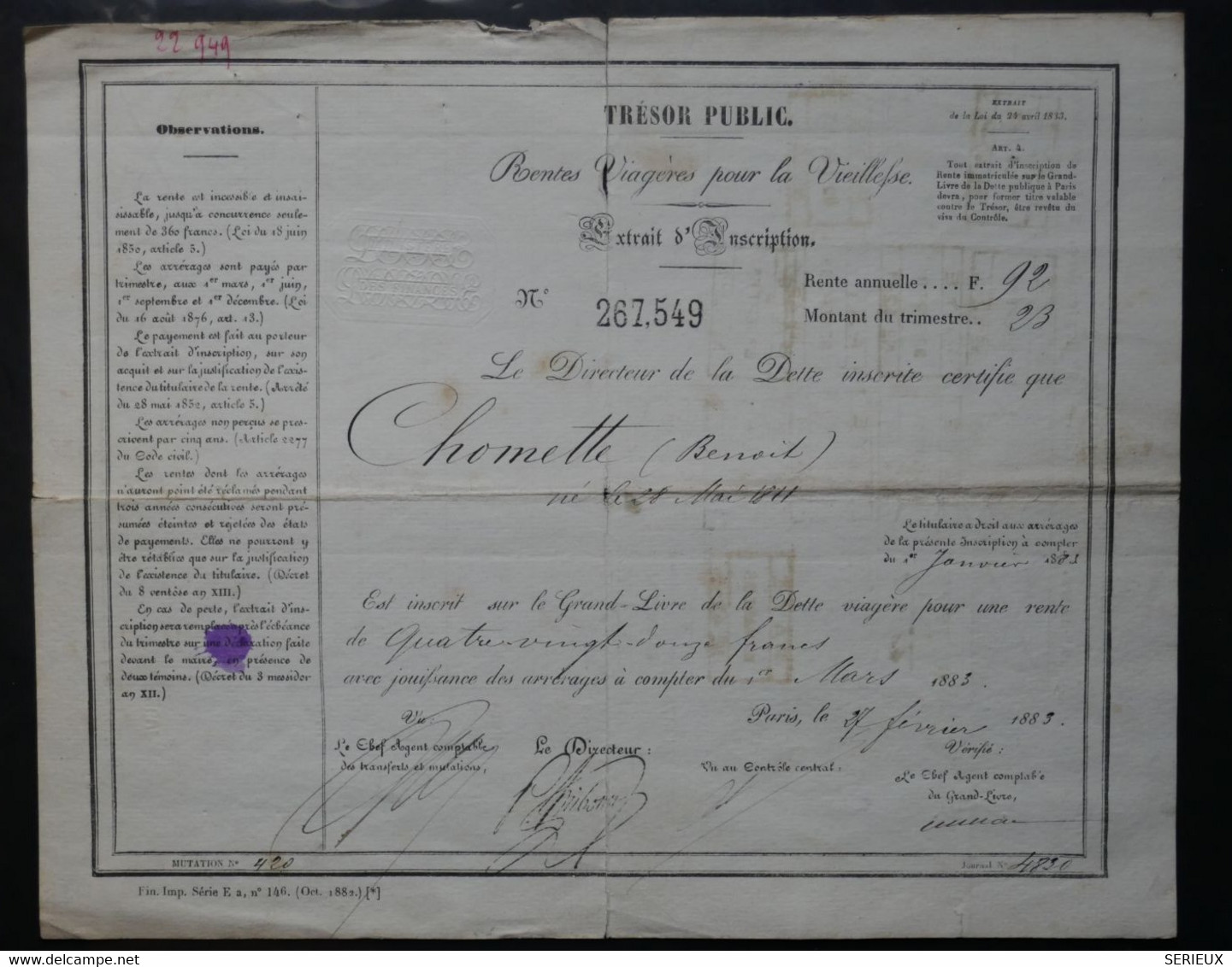 AL10 FRANCE BEAU  DOCUMENT RENTES VIAGERES VIEILLESSE 1883   INTERESSANT.PAS COURANT - Unclassified