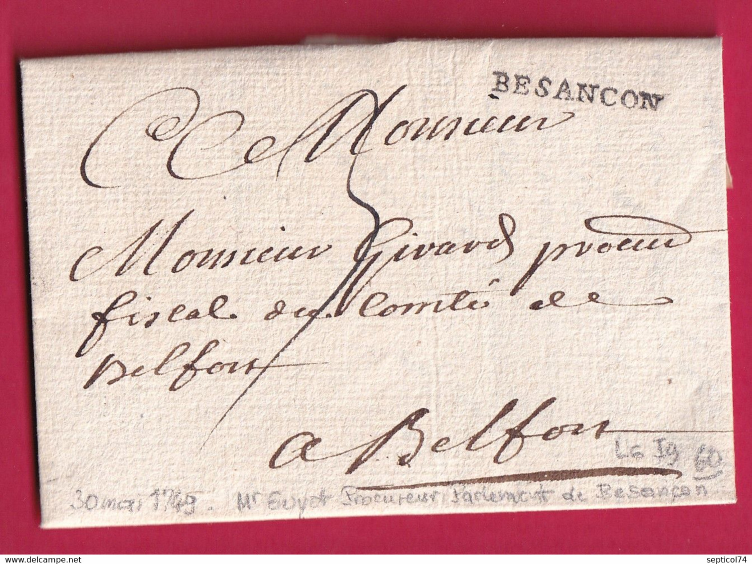 MARQUE BESANCON DOUBS 1749 POUR BELFORT LENAIN N°6 LETTRE COVER FRANCE - 1701-1800: Voorlopers XVIII