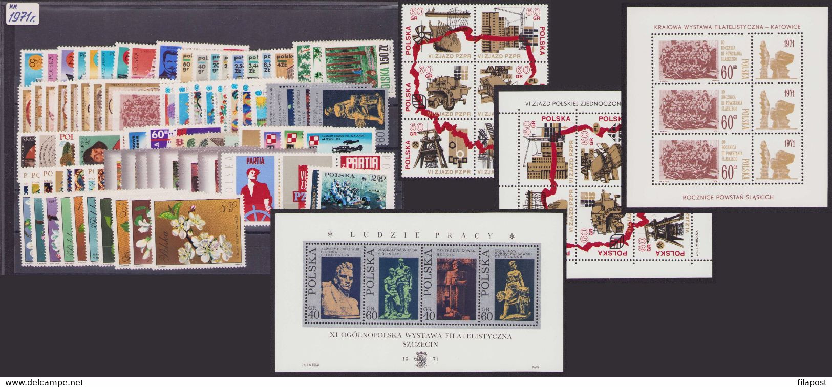 Poland 1971 Full Year / Chemistry Mine Car Fiat, Flowers, Copernicus / Full Sets With Blocks MNH** - Años Completos