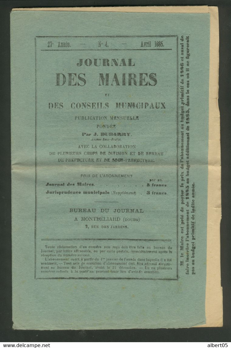 Journal Des Maires - Cachet Journaux Montbéliard PP   Avril 1885 - Periódicos