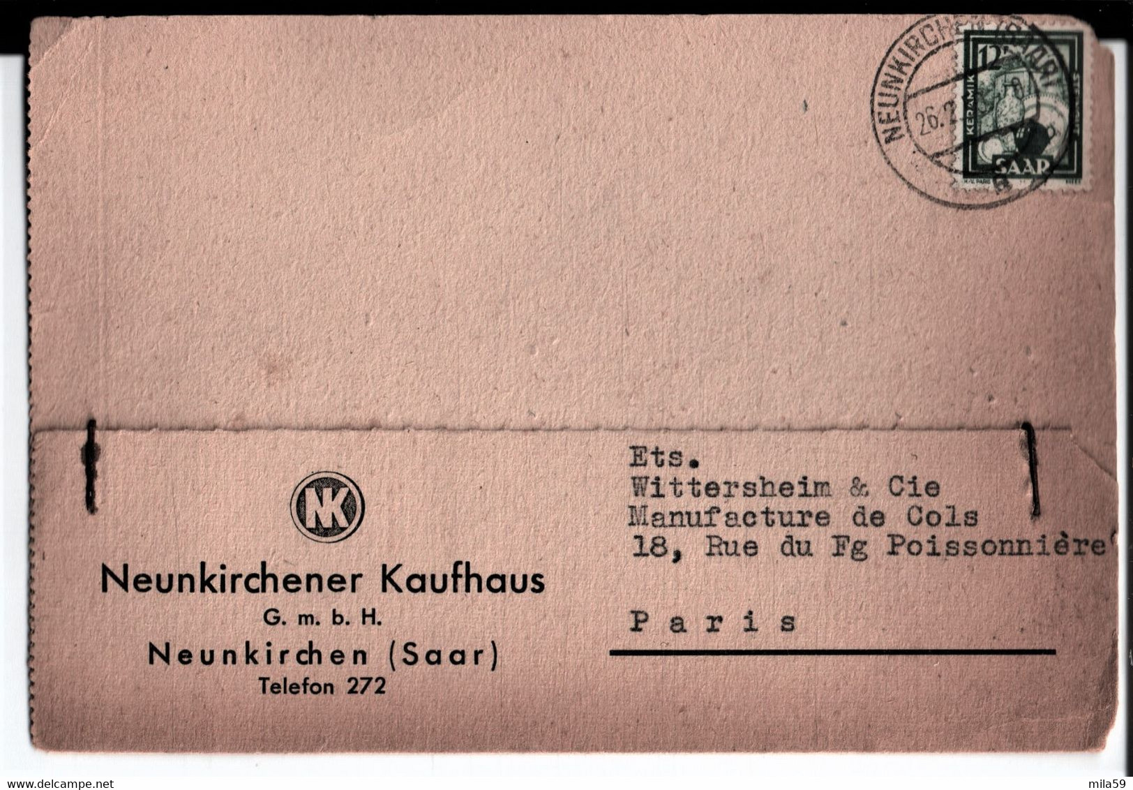 De, Neunkirchener Kaufhaus G.m.b.H à Neunkirchen, à Ets Wittersheim & Cie Manufacture De Cols à Paris. 1950. - 1950 - ...