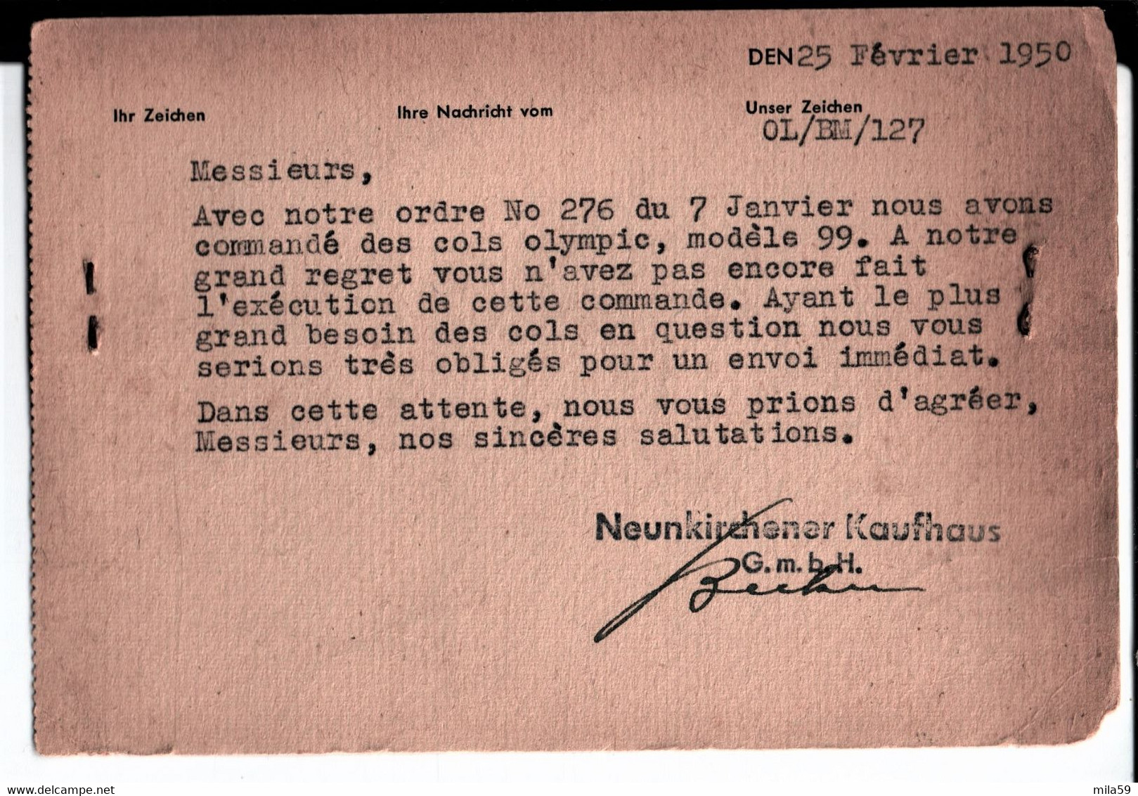 De, Neunkirchener Kaufhaus G.m.b.H à Neunkirchen, à Ets Wittersheim & Cie Manufacture De Cols à Paris. 1950. - 1950 - ...