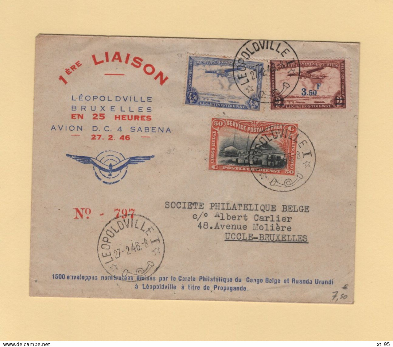 1ere Liaison Leopoldville Bruxelles - 27-2-1946 - Otros & Sin Clasificación