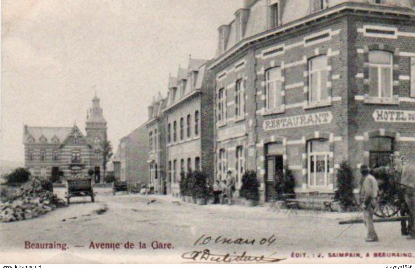 Beauraing Avenue De La Gare Animée Charette Hotel Restaurant Voyagé En 1904 - Beauraing