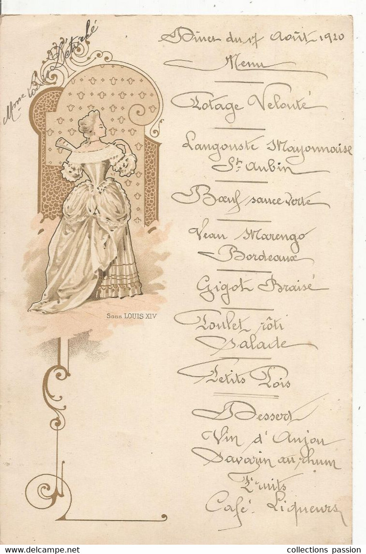 Menu , Diner , 1920 , Illustration : Mode Sous Louis XIV , 2 Scans ,frais Fr 1.85e - Menus