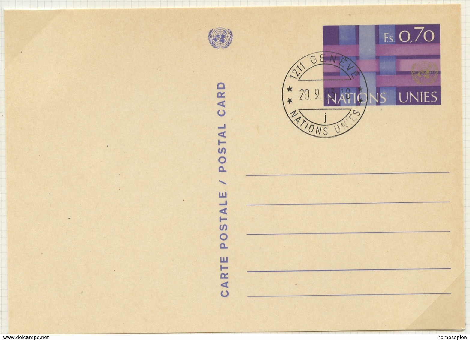NU Genève - Vereinte Nationen Entier Postal 1977 Y&T N°EP1977-02 - Michel N°GZS1977-02 (o) - 70c Entrecroisement - Storia Postale